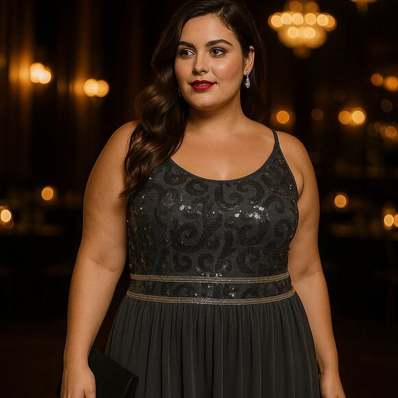 BCX Charcoal Sequin Overlay Party Dress – Size 16W – New w/ Tags - Picture 2 of 16